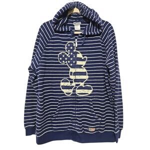Disney Mickey Mouse Full Zip Hoodie Mens Large 100% Cotton Blue Stripes